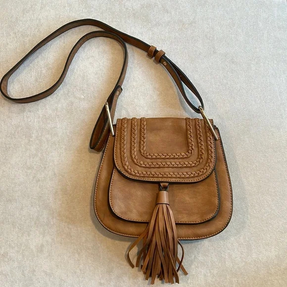 Tan over the shoulder bag with tassel - Picture 1 of 5